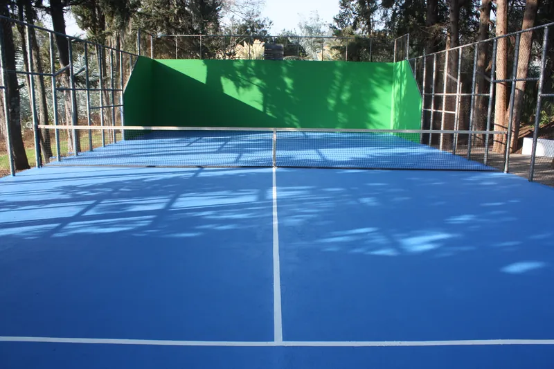 Cancha de pádel de piso azul y muros verdes